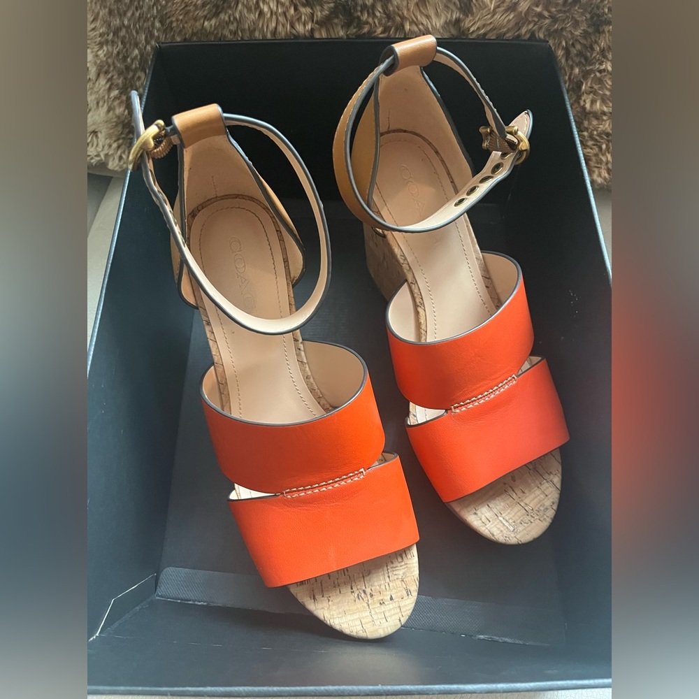 Coach New in the Box! Orange Tan platform Wedge size9.5 sandals